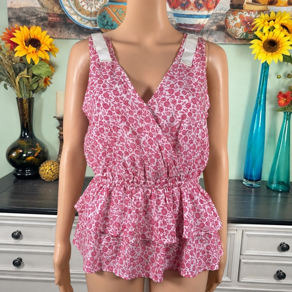 Bobeau Pink Floral Top Womens Cottagecore Coquette Romantic Ruffle Bow